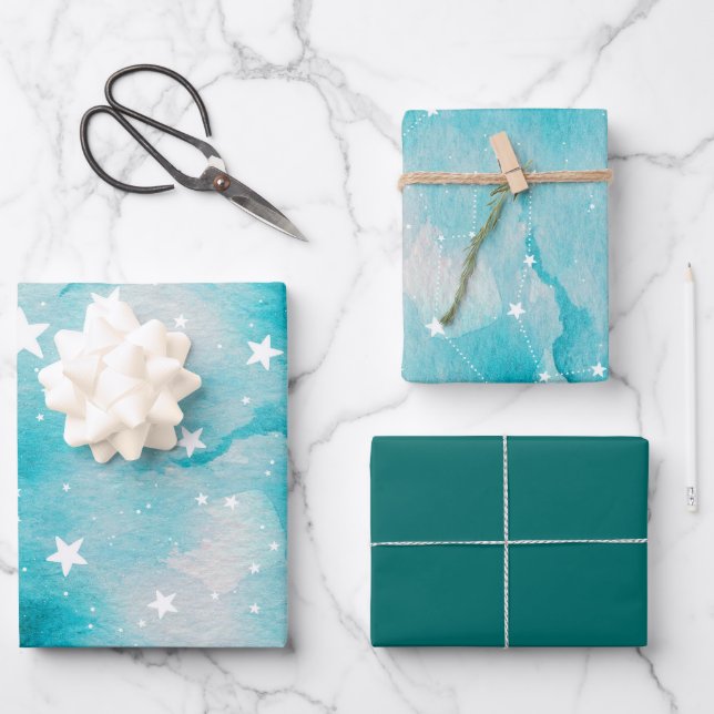 Feuille De Papier Cadeau Turquoise Sarcelle Étoiles Célestes (Recto)