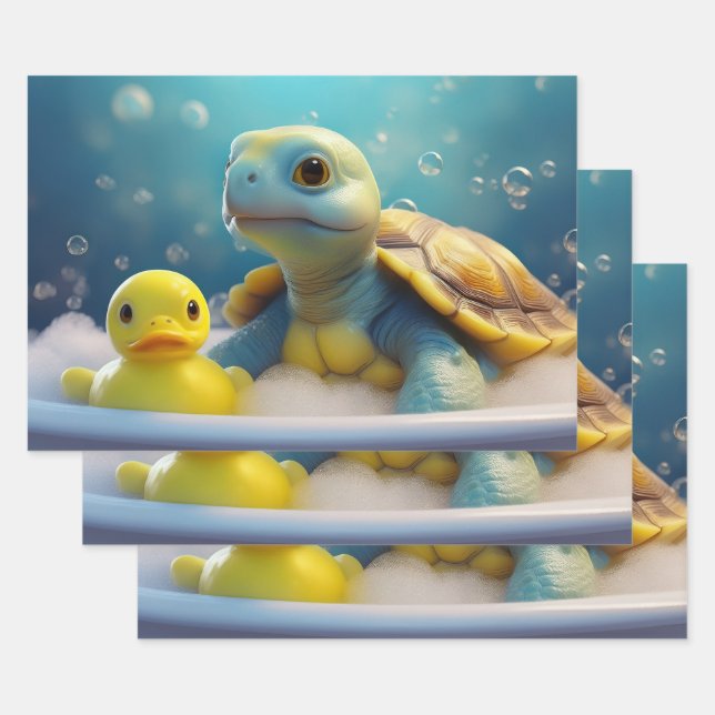 Feuille De Papier Cadeau Turtle and Rubber Duck in Bubble Bath (Lot)