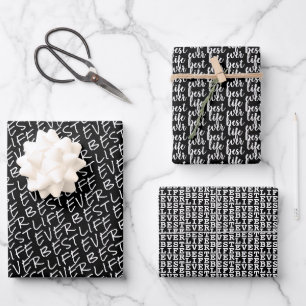 Feuille De Papier Cadeau Typographie de la meilleure vie en noir et blanc
