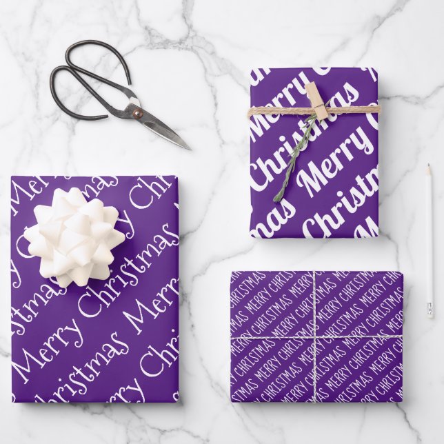 Feuille De Papier Cadeau Typographie de Noël violet blanc (Recto)