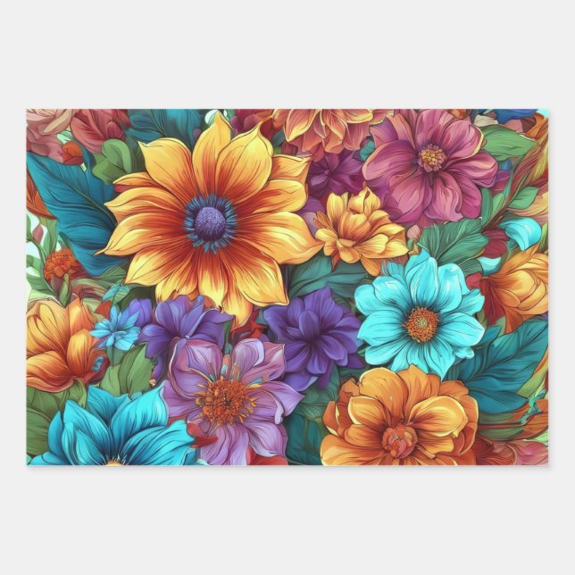 Feuille De Papier Cadeau Un assortiment vibrant de fleurs (Devant)