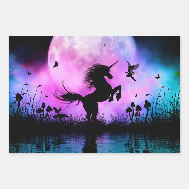 Feuille De Papier Cadeau Unicorne avec peu de fée (Devant)