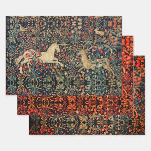 Feuille De Papier Cadeau UNICORNE ET CERF, FLEURS, ANIMAUX FORESTIERS Flora