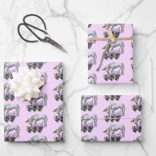 Feuille De Papier Cadeau Unicorne Et Papillons (Recto)