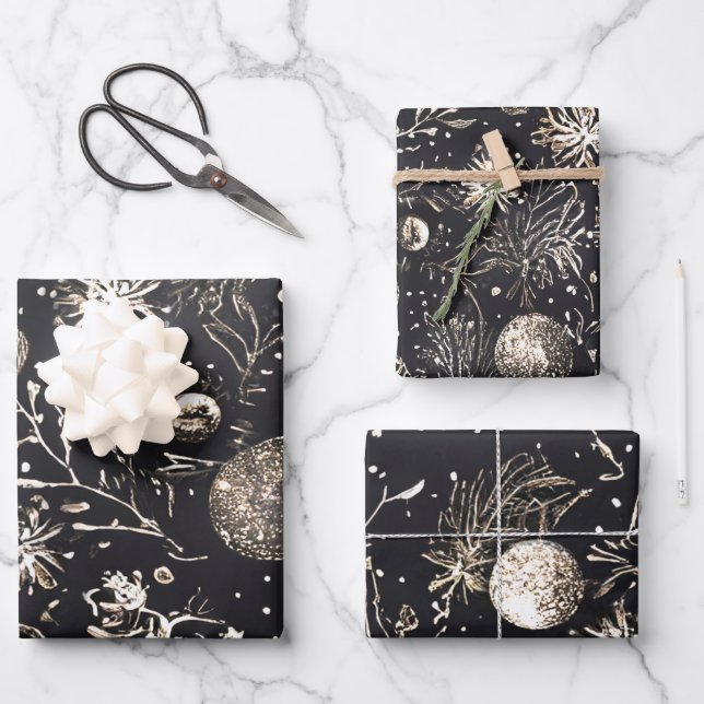 Feuille De Papier Cadeau Unique Moderne Élégant Noël Noir Holiday (Recto)