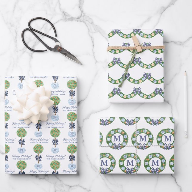 Feuille De Papier Cadeau Vacances Chinoiserie Bleue Et Blanche Avec Citrus (Recto)