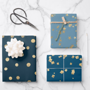 Feuille De Papier Cadeau Vacances de Noël bleu Faux Gold Faux