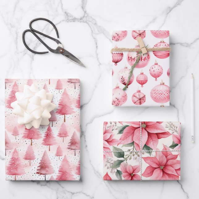 Feuille De Papier Cadeau Vacances de Noël Pink Retro (Recto)