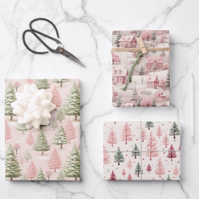 Feuille De Papier Cadeau Vacances de Noël Pink Retro (Recto)