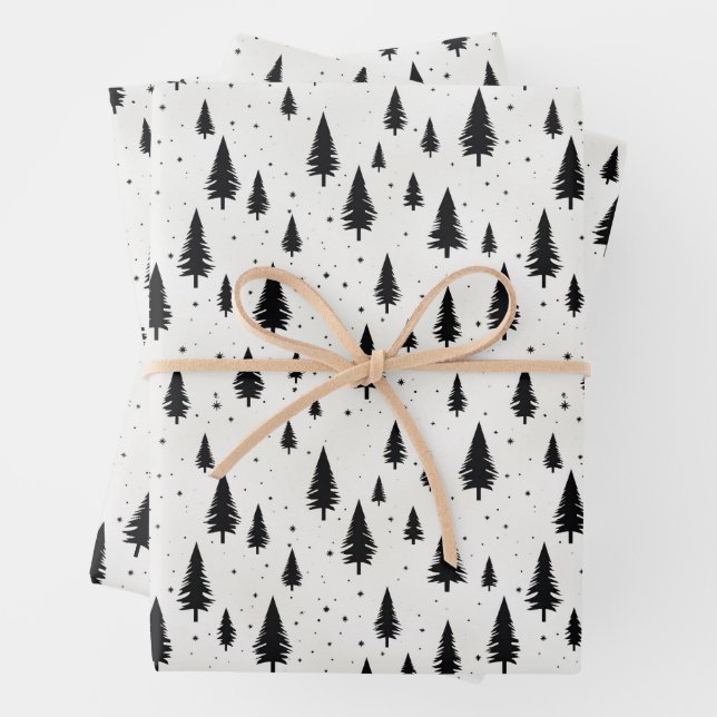 Feuille De Papier Cadeau Vacances d'hiver arbres de Noël noir et blanc (En situation)