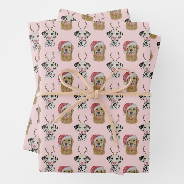 Feuille De Papier Cadeau Vacances Golden Retriever et Dalmation (En situation)