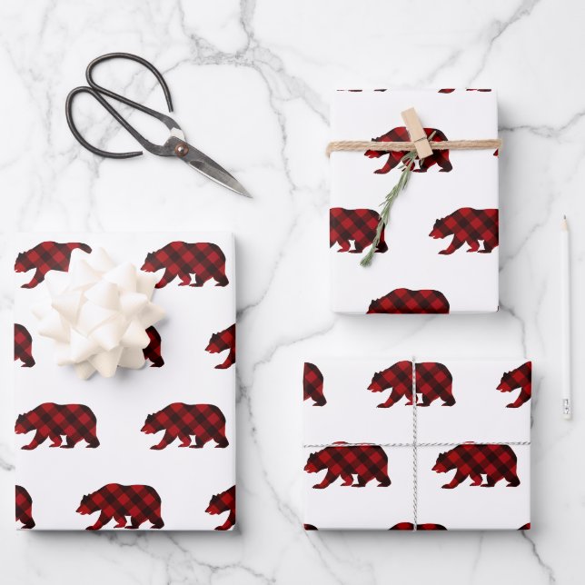 Feuille De Papier Cadeau Vacances Noël ours rouge plaid hiver (Recto)