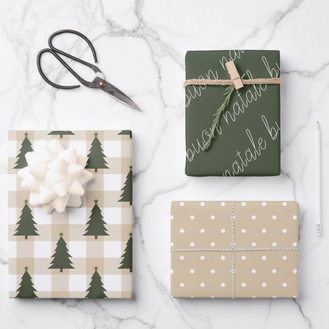 Feuille De Papier Cadeau Vacances Rustique Green White Buon Natale (Recto)