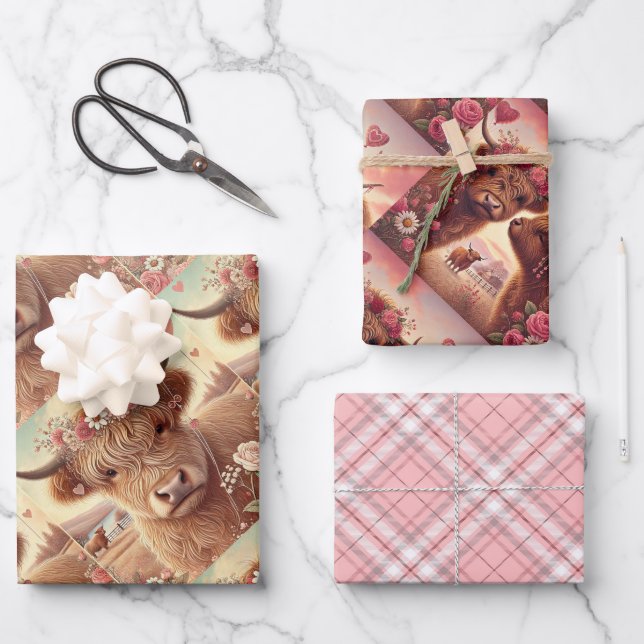 Feuille De Papier Cadeau Vache romantique des Highlands Valentine's Day (Recto)