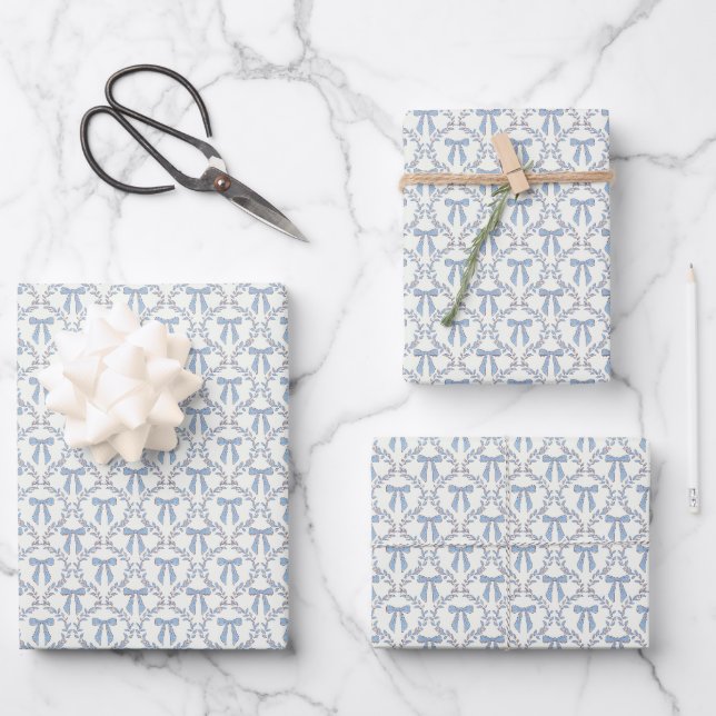 Feuille De Papier Cadeau Vaches Coquette Bleues, Trellis, Preppy (Recto)