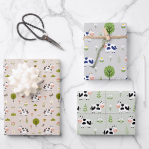 Feuille De Papier Cadeau Vaches mignonnes et fleurs