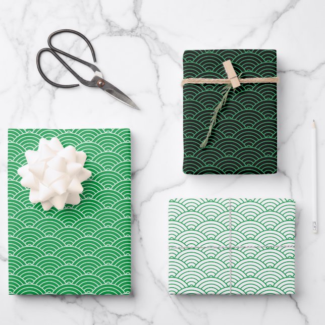 Feuille De Papier Cadeau Vague japonaise moderne verte noire blanche (Recto)