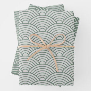 Feuille De Papier Cadeau Vague japonaise Seigaiha Vert et gris