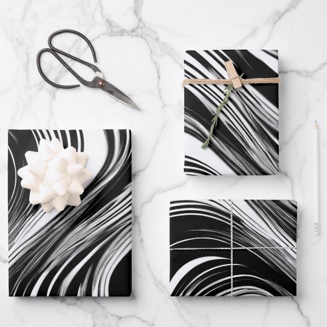 Feuille De Papier Cadeau Vague noire et blanche Abstraite (Recto)
