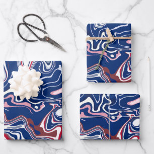 Feuille De Papier Cadeau Vagues abstraites avec rouge, bleu et blanc