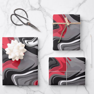 Feuille De Papier Cadeau Vagues abstraites rouges, noires, blanches et gris