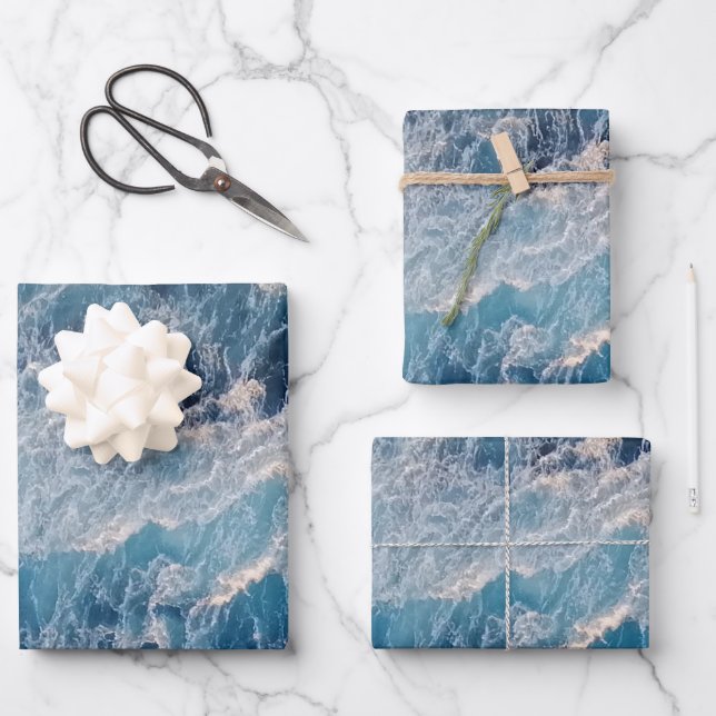 Feuille De Papier Cadeau Vagues bleu océan (Recto)