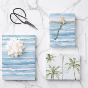 Feuille De Papier Cadeau Vagues d'océan bleu Palmiers Mariage