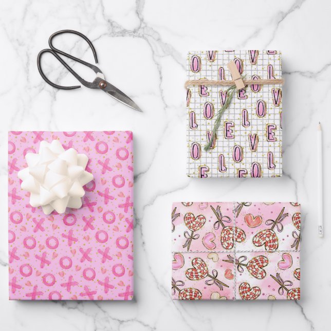 Feuille De Papier Cadeau Valentine Cute rose XOXO Coeurs AMOUR (Recto)