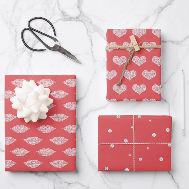 Feuille De Papier Cadeau Valentine Red Glam Diamonds Lips Hearts (Recto)