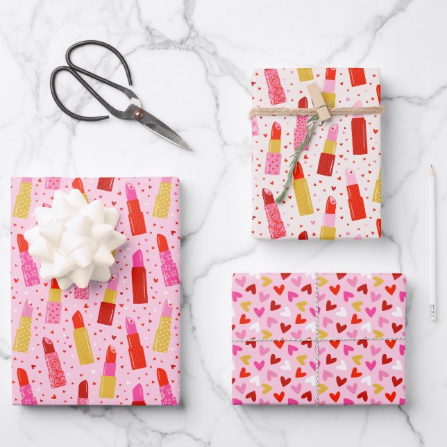 Feuille De Papier Cadeau Valentine's Day Lipsticks and Hearts (Recto)
