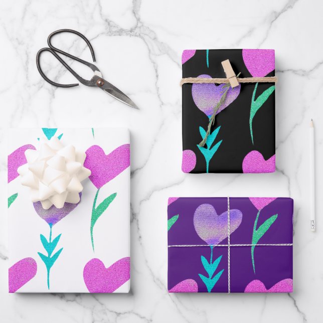 Feuille De Papier Cadeau Valentines modernes à motifs cardiaques (Recto)