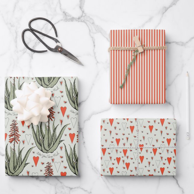 Feuille De Papier Cadeau Valentines Vertes Aloe Succulents Grandes Coeurs (Recto)
