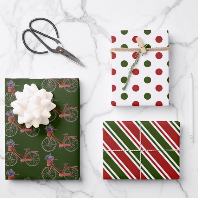 Feuille De Papier Cadeau Vélo Noël rouge et vert   (Recto)