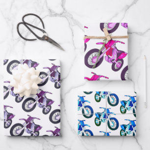Feuille De Papier Cadeau Vélos Motocross Violet, Rose, Bleu