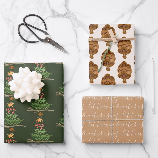 Feuille De Papier Cadeau Verdure d'hiver Aquarelle Arbre de Noël (Recto)