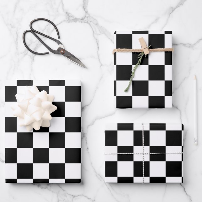 Feuille De Papier Cadeau Vérifier noir blanc À damiers Motif tableau de bor (Recto)