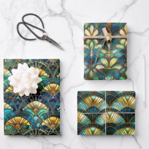 Feuille De Papier Cadeau Verre peint bleu, turquoise et or
