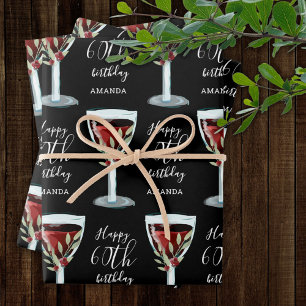 Feuille De Papier Cadeau Verre rouge Rose Aquarelle 60e anniversaire