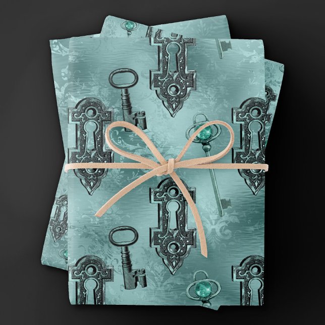 Feuille De Papier Cadeau Verrouillage Steampunk et clé Turquoise | Découpag (Créateur téléchargé)