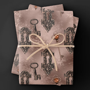 Feuille De Papier Cadeau Verrouillage Steampunk et Rose clé Gold   Découpag