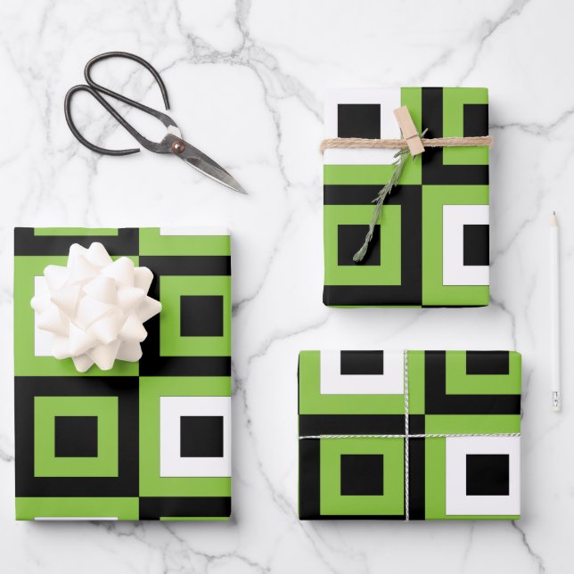 Feuille De Papier Cadeau Vert blanc noir Carrés géométriques (Recto)