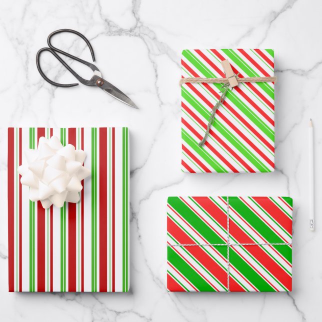 Feuille De Papier Cadeau Vert, Blanc, Rouge Lignes Thématiques de Noël de c (Recto)