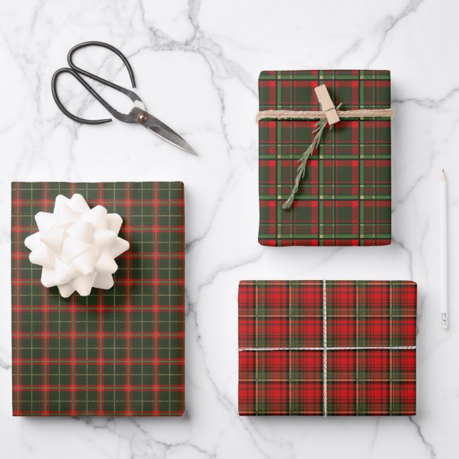 Feuille De Papier Cadeau vert de Noël plaid rouge (Recto)