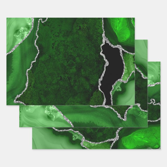 Feuille De Papier Cadeau Vert et argent Faux Paillettes Agate (Lot)