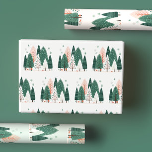 Feuille De Papier Cadeau Vert et corail de Noël Pine Tree Bois