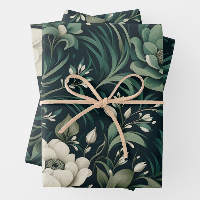 Feuille De Papier Cadeau Vert floral émeraude foncé (En situation)