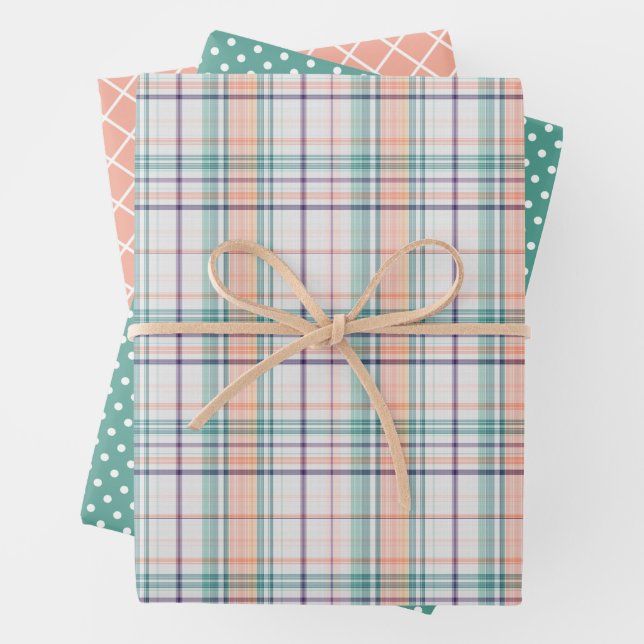 Feuille De Papier Cadeau Vert Menthe Corail Orange Violet Rayures Points (En situation)