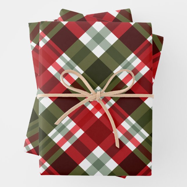 Feuille De Papier Cadeau Vert Noël classique, Rouge Blanc Plaid (En situation)
