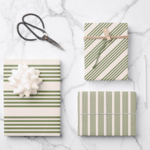 Feuille De Papier Cadeau Vert olive et beige cinq rayures motif