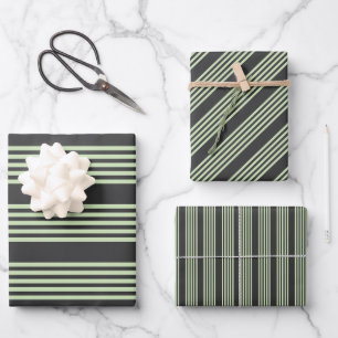 Feuille De Papier Cadeau Vert pâle et charbon cinq bandes motif